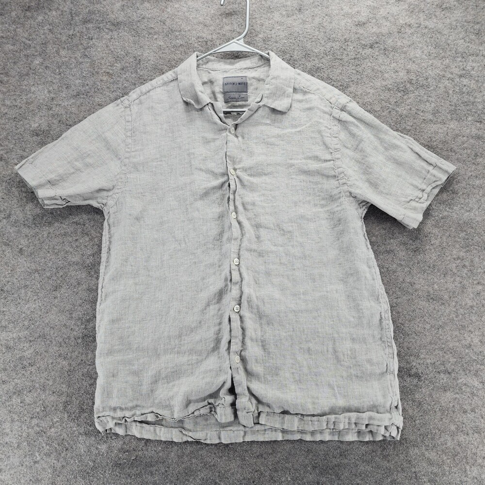 Stitch Note Shirt Mens Medium European Linen Button Up Short Sleeve Gray